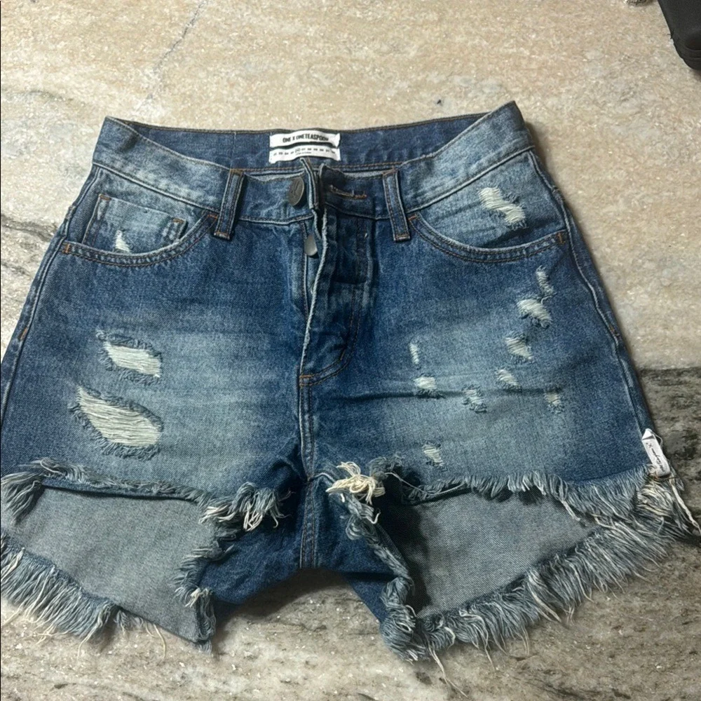 One Teaspoon High Waist Bonita Denim Shorts‎ Blue Distressed Button Fly Size 26